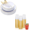DaYammi 150Pcs White and Gold Plastic Plates with Disposable Silverware and 200Pcs Gold Plastic Cups for Party, Fancy Plates Set and Clear Gold Rimmed Cups for all occasions