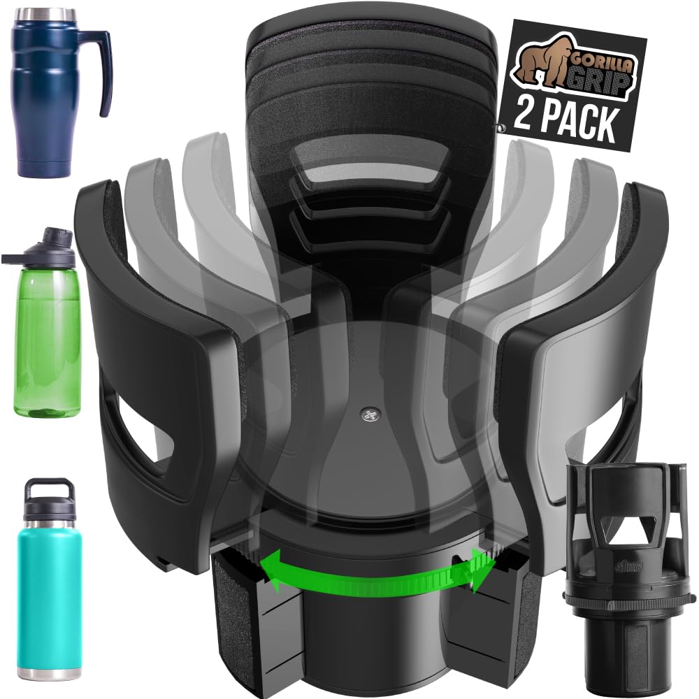 GORILLA GRIP Patent Pending Adjustable Car Cup Holder Expander, Keeps Water Bottle Secure, Expands to Fit 18 to 48 oz Large Bottles, Yeti, Owala, Stanley with Handle, Coffee Mug Insert for Cars, Black