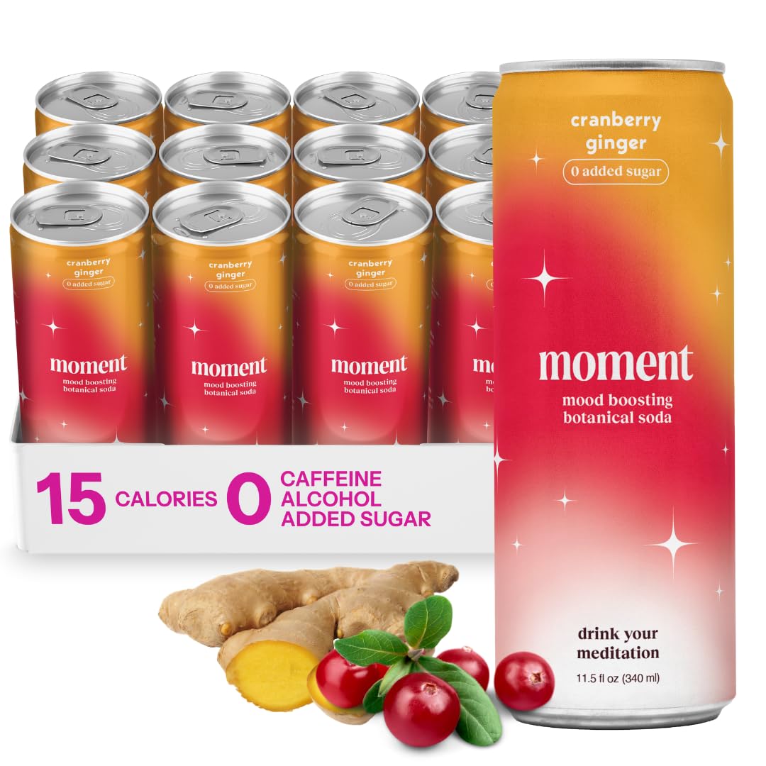 Moment Botanical Soda (Shark Tank) - Calm, Clarity & Relaxation with L-Theanine & Ashwagandha - Non Alcoholic Drinks for Adults - Sparkling Adaptogen Drink - 0 Sugar 0 Caffeine - 12 Pack 11.5 fl oz