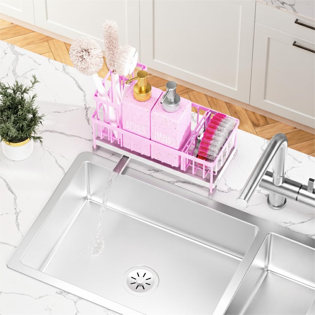 Cisily Juego de dispensador de jabón de cocina con organizador para fregadero, botella de vidrio de 12 onzas, dispensador de jabón para manos y platos con soporte para esponja, accesorios organizadores de fregadero de cocina de acero inoxidable negro