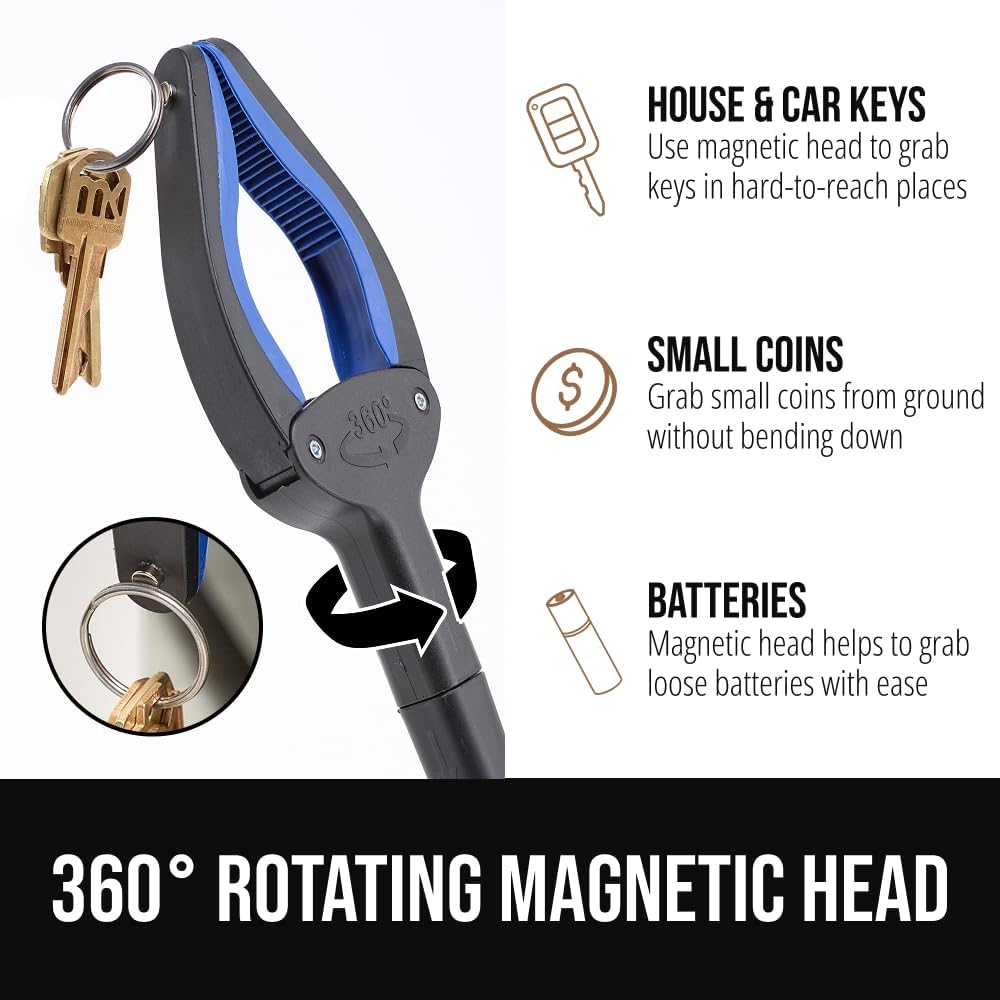 GORILLA GRIP Strong Rubber Lined Claw Grabber, Ergonomic Anti-Slip Reacher Tool for Seniors, 360 Magnetic Rotating Head Reaching Pick Up Stick, Foldable Trash Picker, Handicap Gripper, Blue