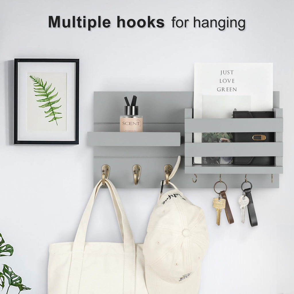 Mail Organizer for Wall Mount – Key Holder with Shelf Includes Letter Holder and Hooks for Coats, Dog Leashes – Rustic Wood with Flush Mounting Hardware (16.5” x 8.7” x 3.5”)