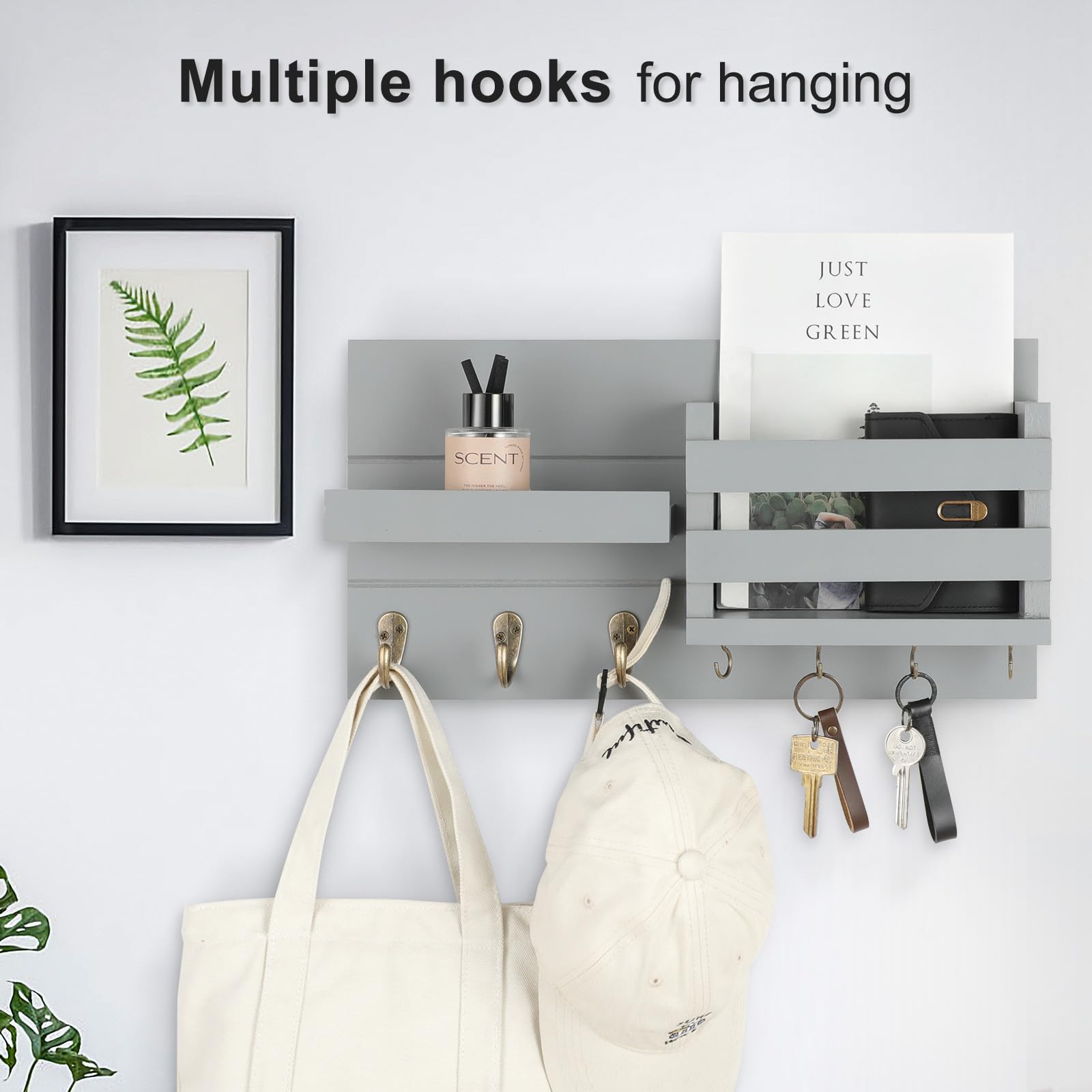 Mail Organizer for Wall Mount – Key Holder with Shelf Includes Letter Holder and Hooks for Coats, Dog Leashes – Rustic Wood with Flush Mounting Hardware (16.5” x 8.7” x 3.5”)