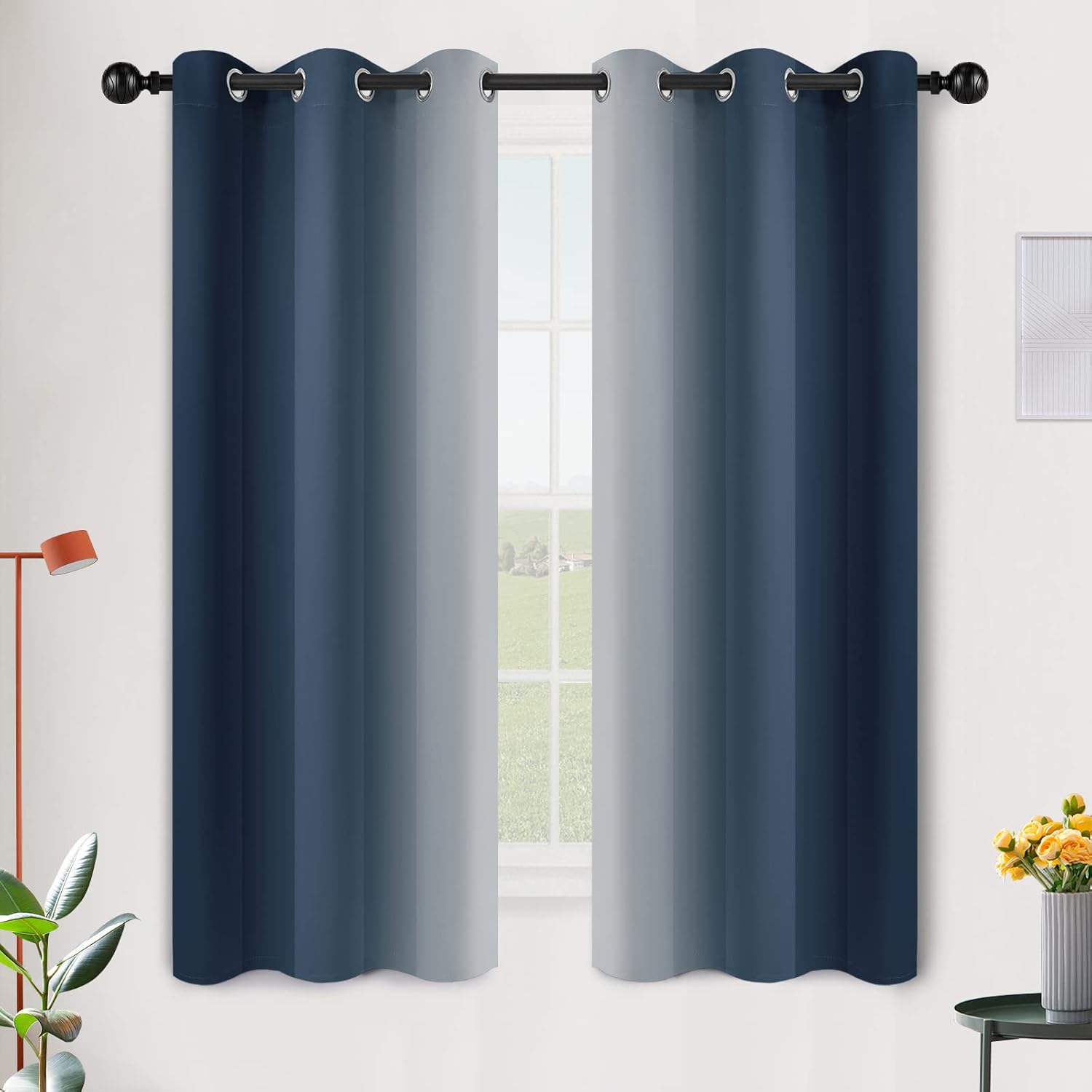 SimpleHome Ombre Room Darkening Curtains for Bedroom, Gradient Black to Grey White Light Blocking Thermal Insulated Grommet Window Curtain/Drapes for Living Room,2 Panels, 52x84 inches Length