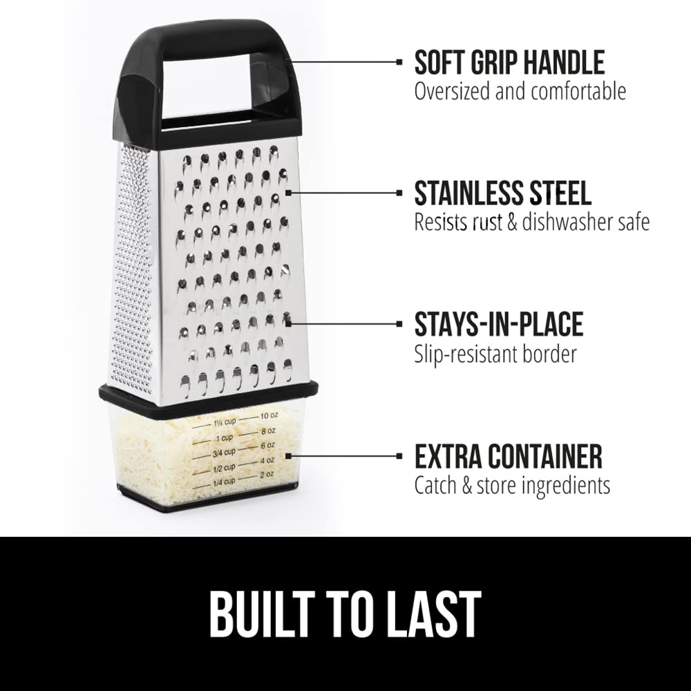 GORILLA GRIP 4-Sided Stainless Steel Cheese Grater With Container, 100% BPA-Free Box Grater, Slip Resistant Base and Handle, Grate Parmesan, Hard Cheeses, Shred Vegetables, Dishwasher Safe, Black