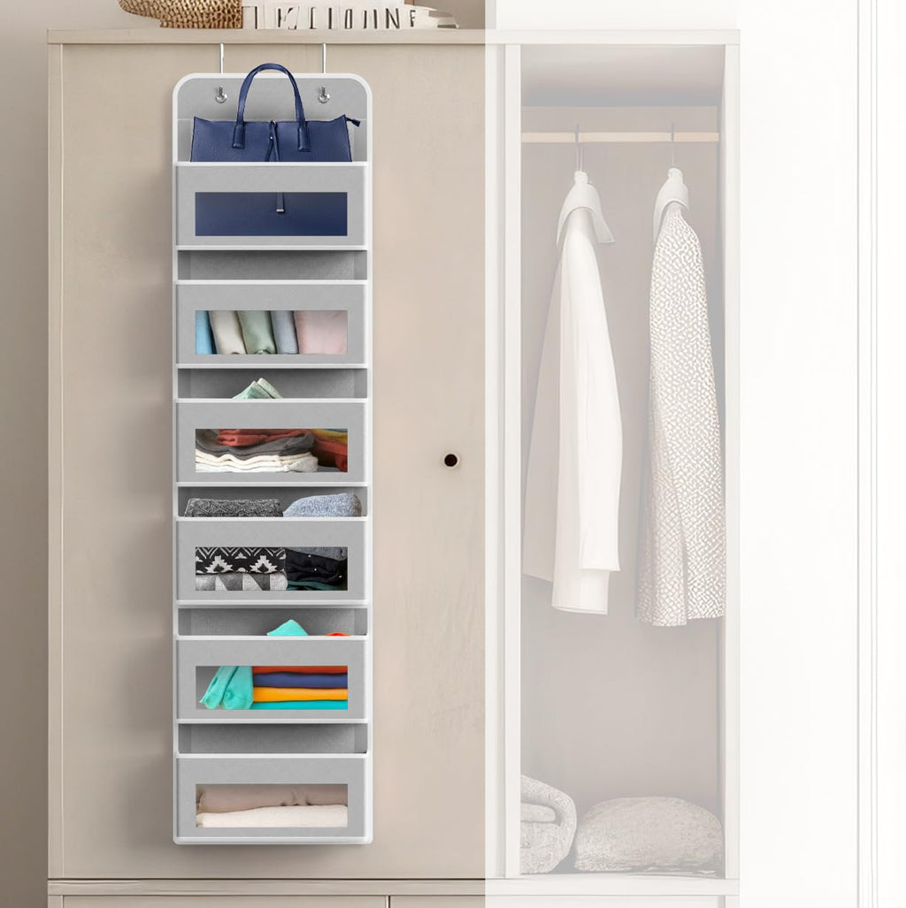 Simple Houseware 6 Clear Window Pocket Over Closet Door Storage Hanging Organizer for Bedroom, Bathroom, Pantry, Beige