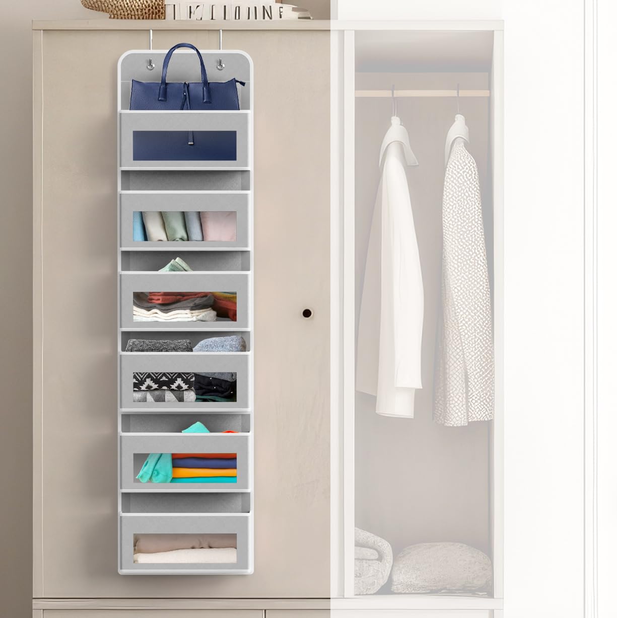 Simple Houseware 6 Clear Window Pocket Over Closet Door Storage Hanging Organizer for Bedroom, Bathroom, Pantry, Beige
