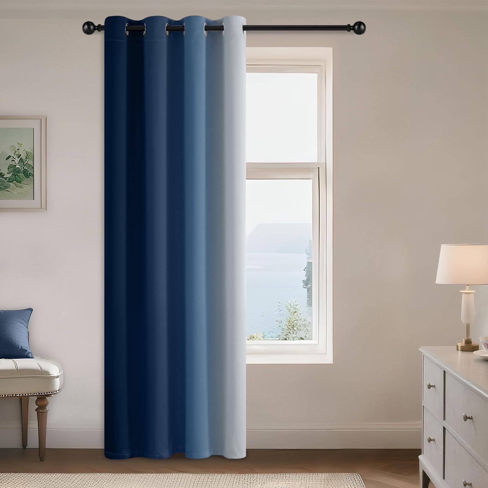 Yakamok Blue and Greyish White Ombre Curtains, Room Darkening Gradient Color Curtains for Bedroom, Light Blocking Thermal Insulated Window Drapes for Living Room(2 Panels, 52x84 Inch)