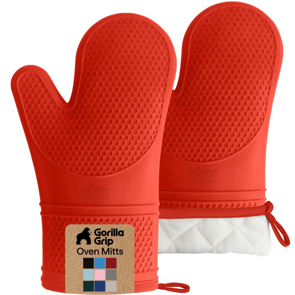 GORILLA GRIP BPA-Free Soft Silicone Oven Mitts, Heat Resistant and Waterproof Cooking Safety Gloves, Thick Cotton Lining, Flexible Gripping, Kitchen Potholders Set, for Grilling, BBQ, 12.5x8.3, Black