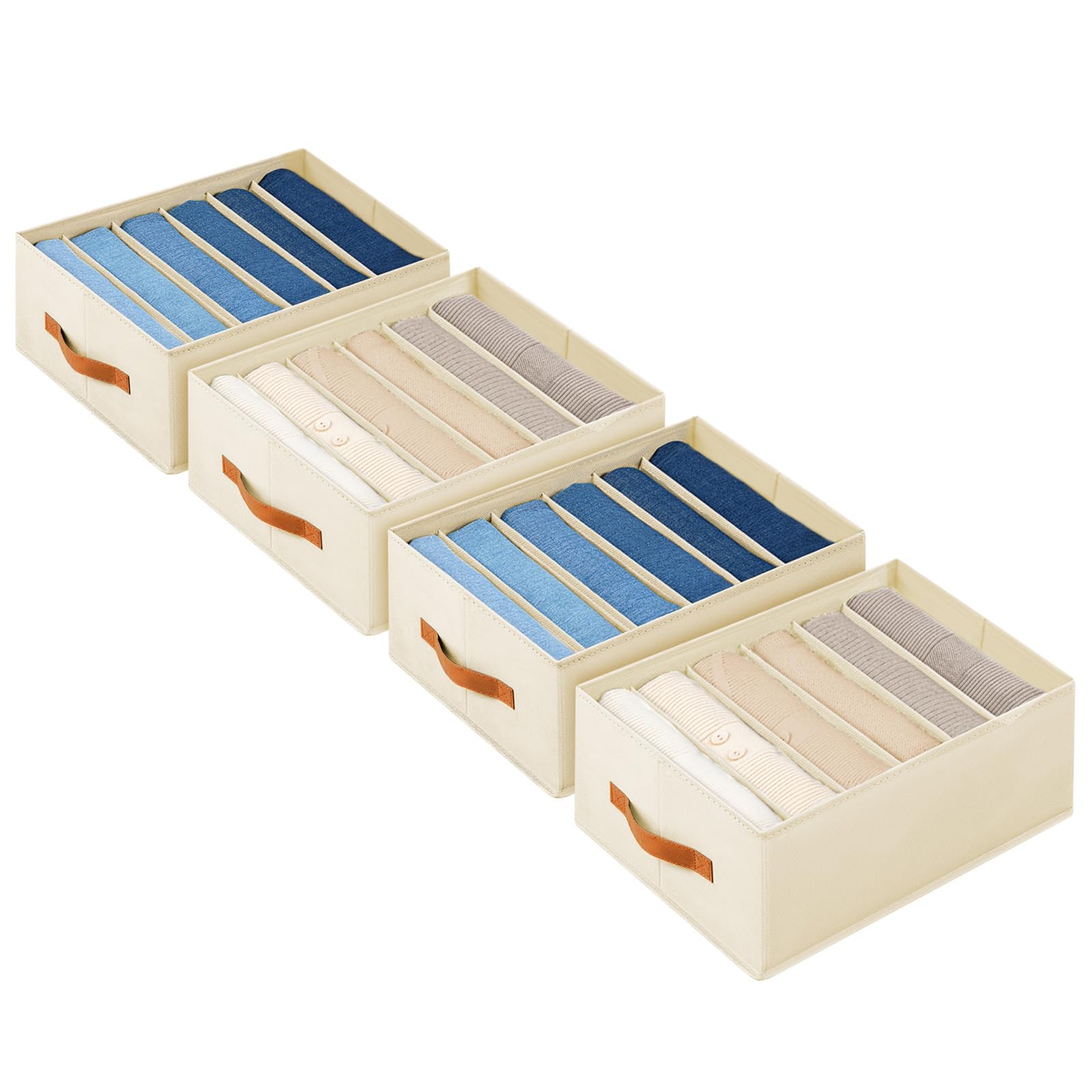 Homsorout Clothes Organizers and Storage - 4/5/7 Grids Fabric Jeans Organizer with Handles, Foldable Closet Organizers Dividers, Wardrobe organizer for Pant, Sweater, T-shirt, Scarf, 6 Pack, Beige