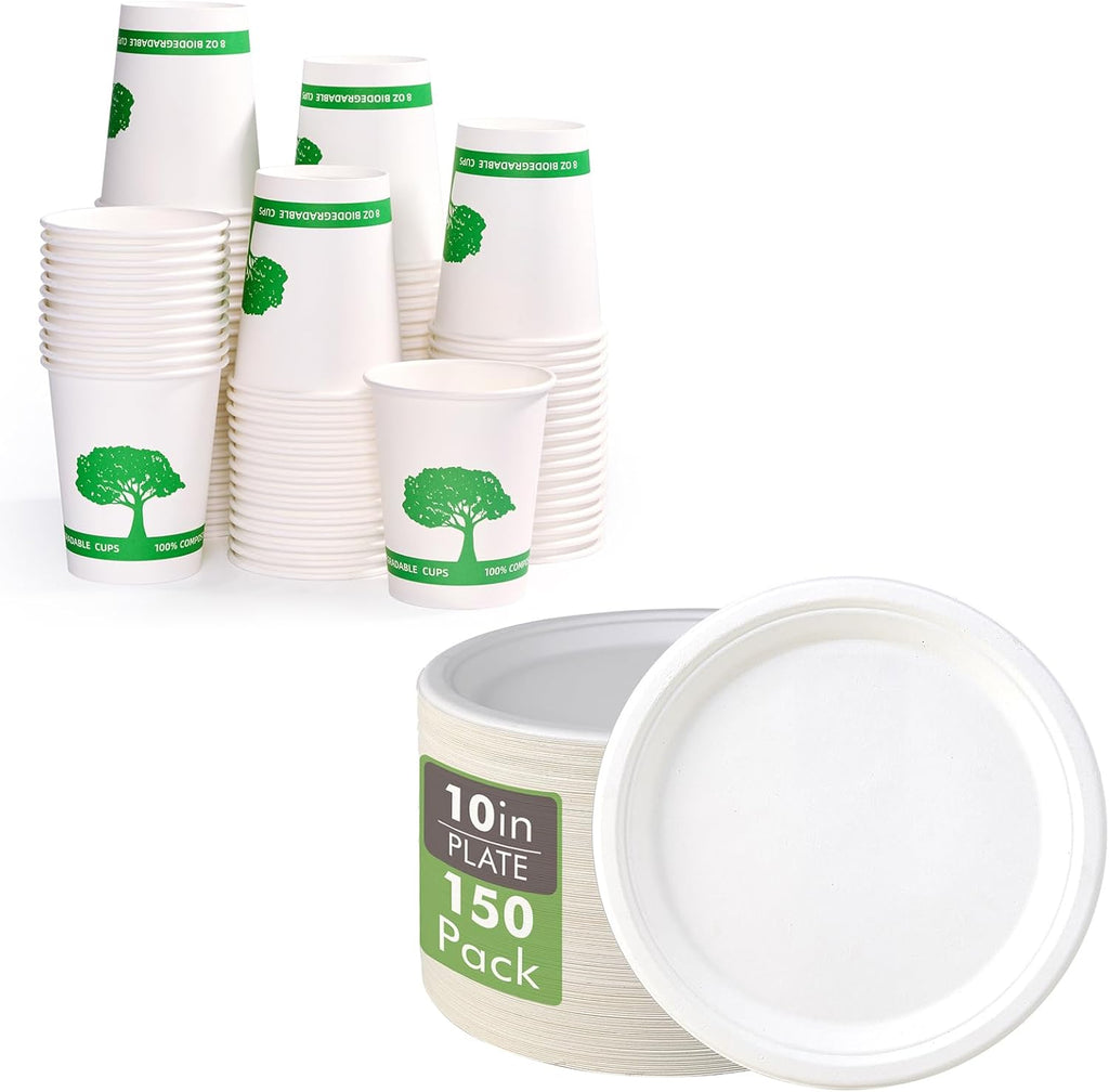 Vplus 150 Pack Compostable Disposable Paper Plates 10.25 inch and 400 Pack 8 oz Compostable Paper Cups
