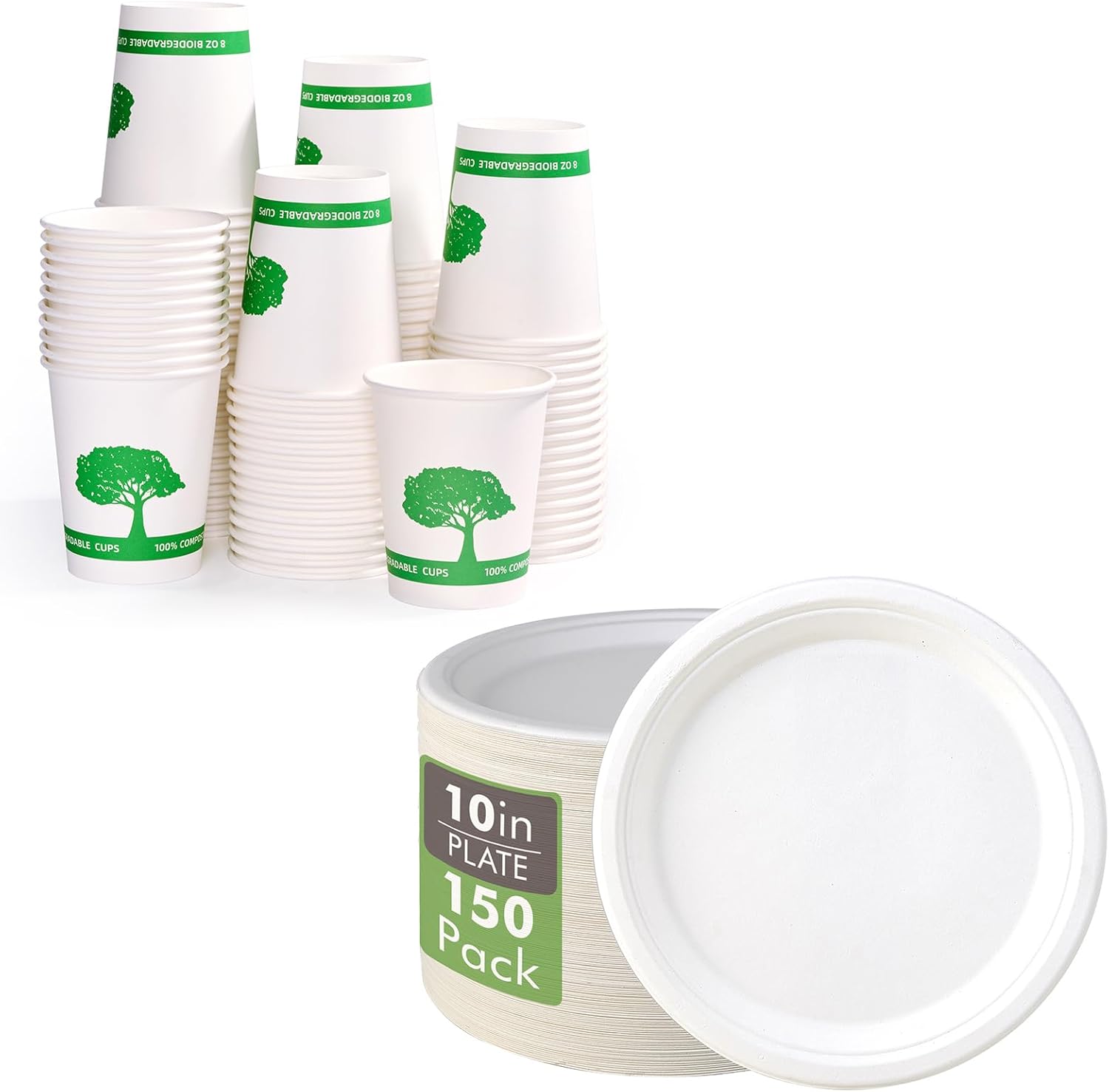 Vplus 150 Pack Compostable Disposable Paper Plates 10.25 inch and 400 Pack 8 oz Compostable Paper Cups