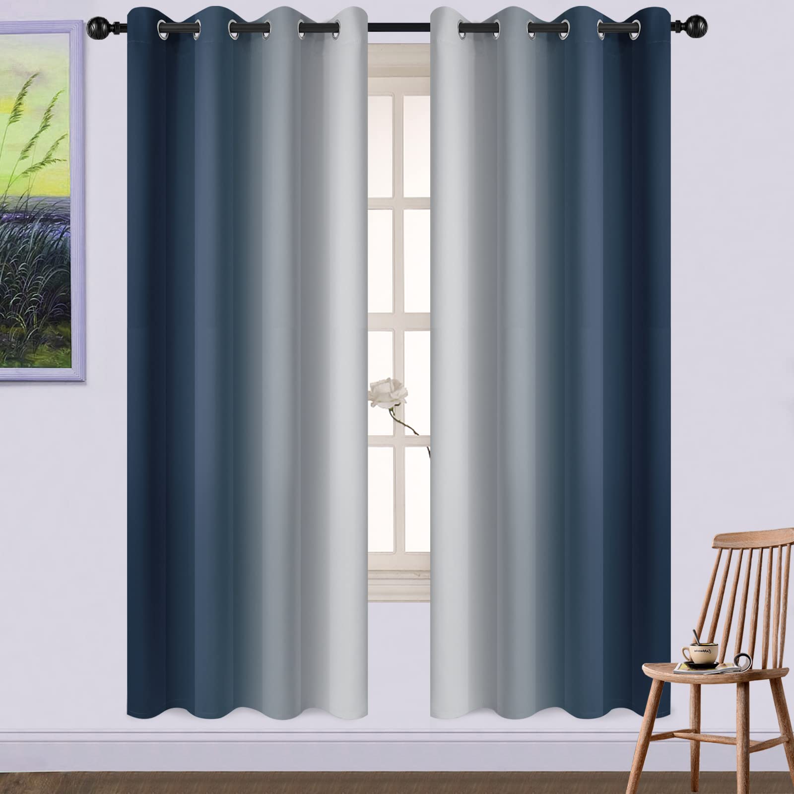 Yakamok Blue and Greyish White Ombre Curtains, Room Darkening Gradient Color Curtains for Bedroom, Light Blocking Thermal Insulated Window Drapes for Living Room(2 Panels, 52x84 Inch)