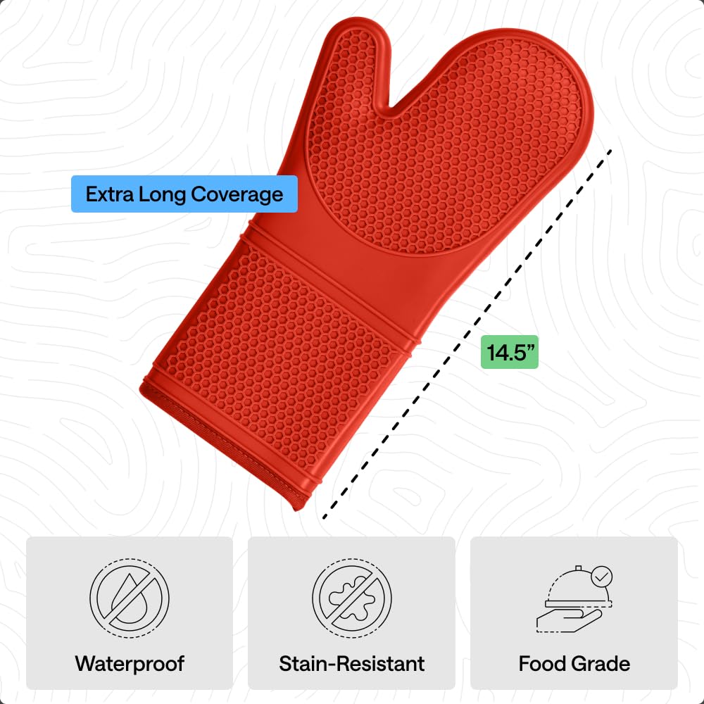 GORILLA GRIP BPA-Free Soft Silicone Oven Mitts, Heat Resistant and Waterproof Cooking Safety Gloves, Thick Cotton Lining, Flexible Gripping, Kitchen Potholders Set, for Grilling, BBQ, 12.5x8.3, Black