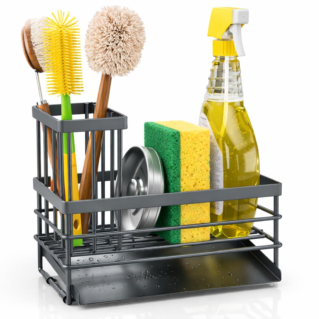 Cisily Sink Caddy Sponge Holder for Kitchen with Brush Holder and Stainless Steel Self Drain Tray, Rustproof Kitchen Sink Organizer for Sponge, Soap Dispenser Storage Accessories (Black)