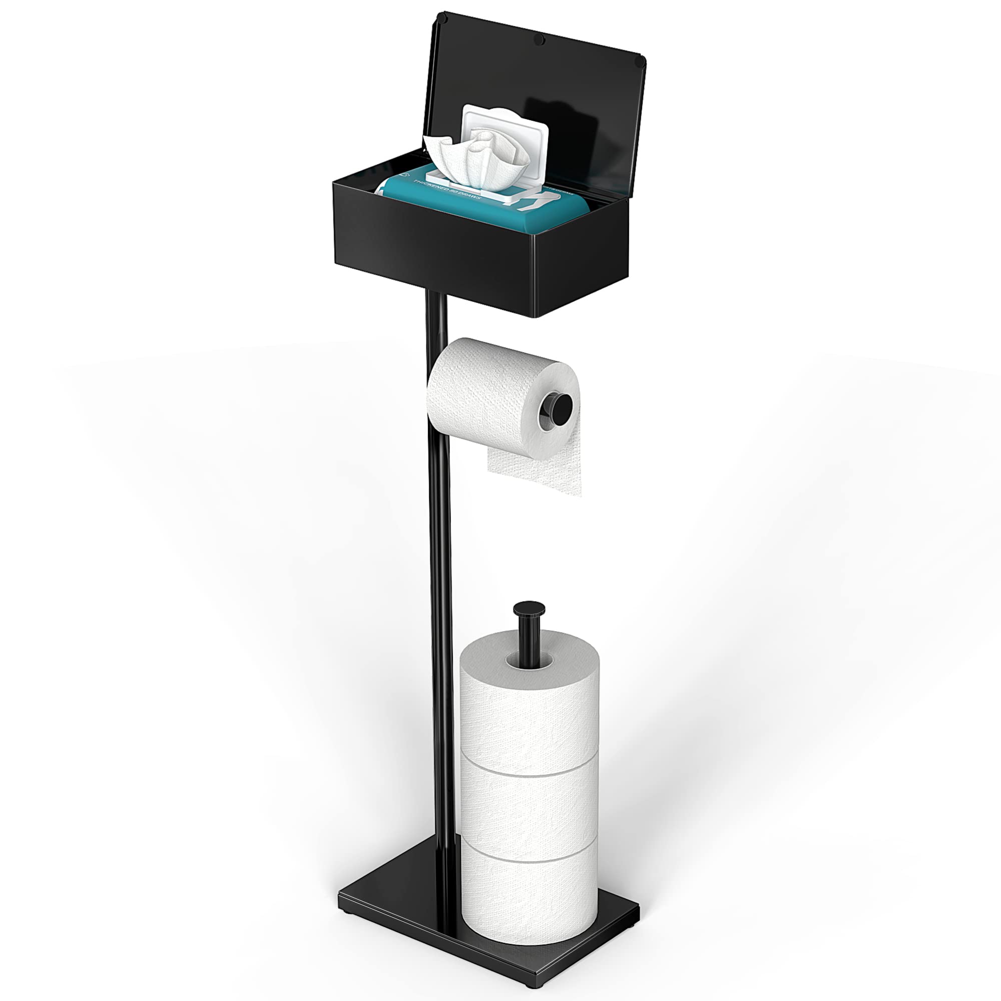 CISILY Black Toilet Paper Holder Stand with Phone Shelf, Bathroom Toliet Decor Decoration. Tissue Roll Free Standing Storage, Rv Accessories, Apartment Restroom Household Home Essentials