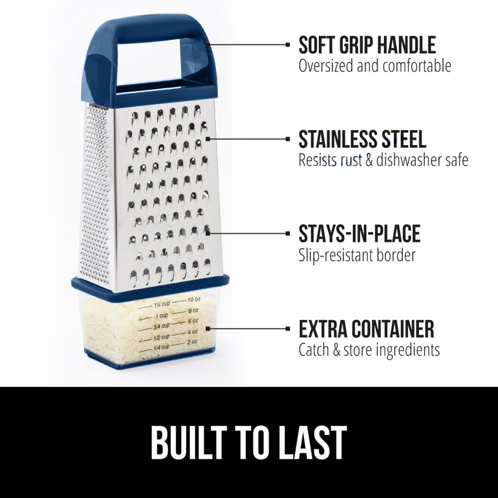 GORILLA GRIP 4-Sided Stainless Steel Cheese Grater With Container, 100% BPA-Free Box Grater, Slip Resistant Base and Handle, Grate Parmesan, Hard Cheeses, Shred Vegetables, Dishwasher Safe, Black