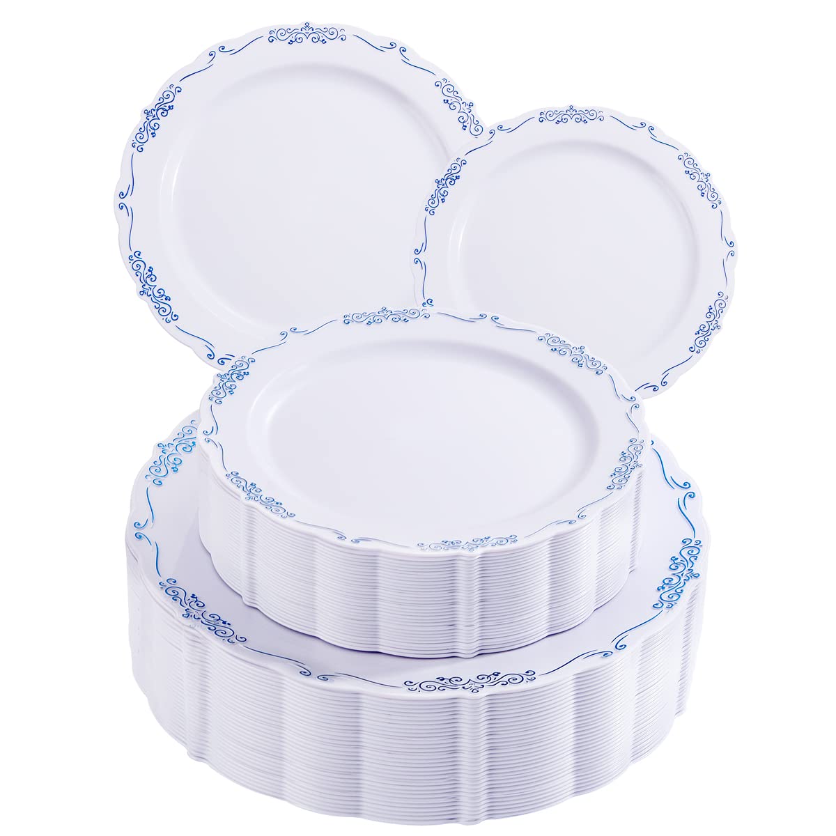 DaYammi 60PCS Blue and White Plastic Plates Blue Rim White Disposable Plates Blue White Party plates Include:30 Plastic Dinner Plate 30 Dessert plate and Wedding & Party Dining