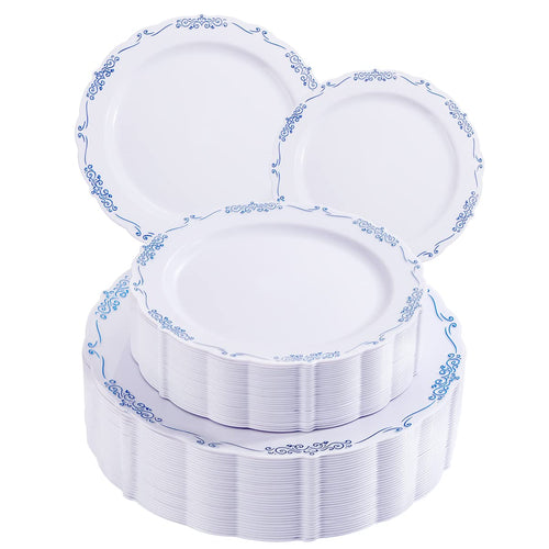 DaYammi 60PCS Blue and White Plastic Plates Blue Rim White Disposable Plates Blue White Party plates Include:30 Plastic Dinner Plate 30 Dessert plate and Wedding & Party Dining