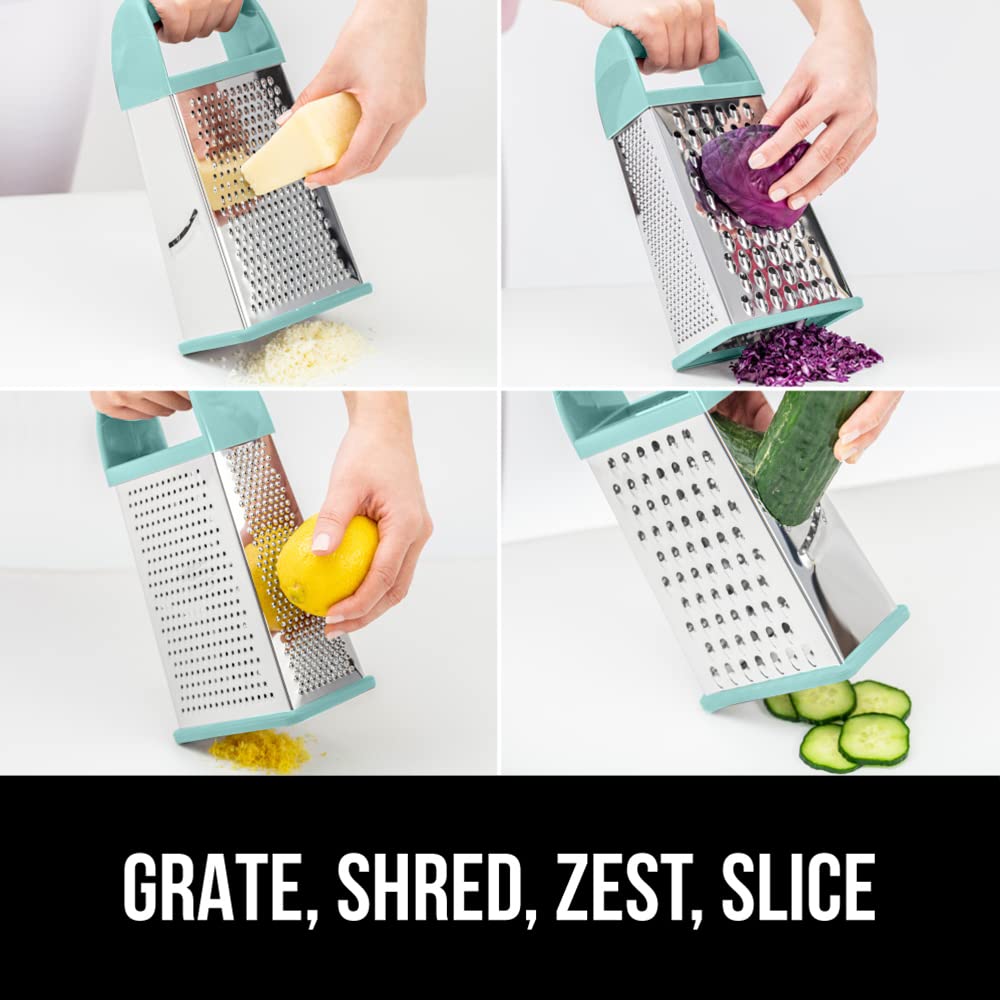 GORILLA GRIP 4-Sided Stainless Steel Cheese Grater With Container, 100% BPA-Free Box Grater, Slip Resistant Base and Handle, Grate Parmesan, Hard Cheeses, Shred Vegetables, Dishwasher Safe, Black