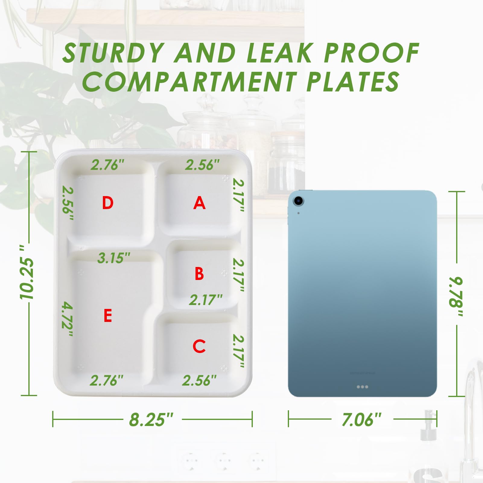 Vplus 100% Compostable 6 Compartment Plates, 90 Pack Compartment Paper Plate, 12.5x8.6 inch Disposable School Lunch Trays, Eco-Friendly Bagasse Plates for School Lunch, Buffet, and Party