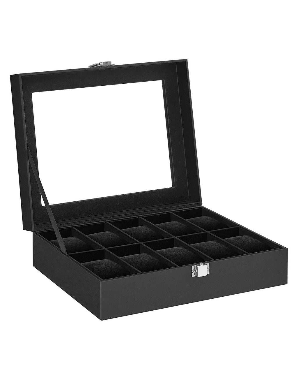 SONGMICS Watch Box, 12-Slot Watch Case Organizer with Large Glass Lid, Removable Pillows, Gift for Loved Ones, Black Synthetic Leather, Gray Lining UJWB12BK