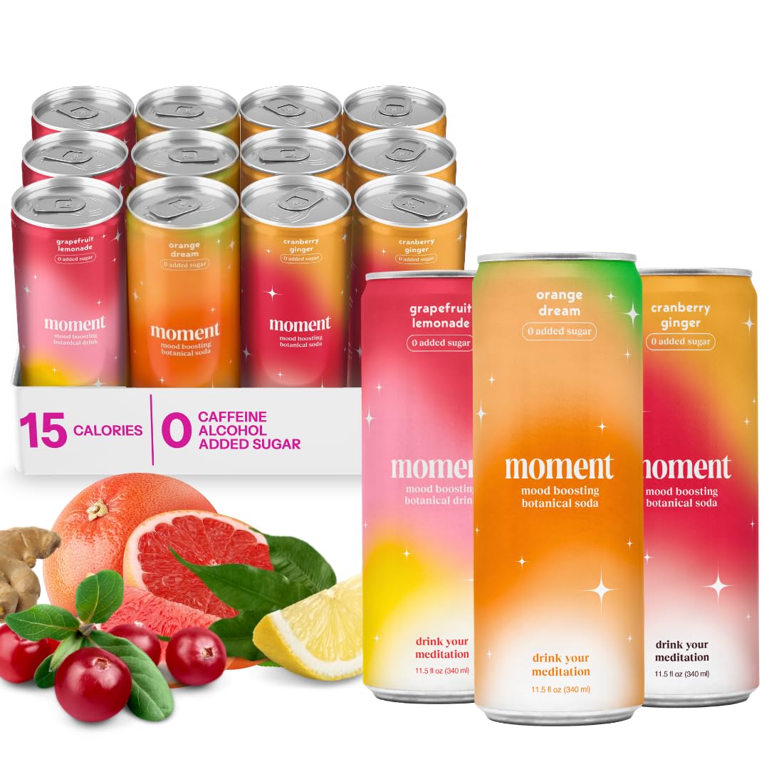 Moment Botanical Soda (Shark Tank) - Calm, Clarity & Relaxation with L-Theanine & Ashwagandha - Non Alcoholic Drinks for Adults - Sparkling Adaptogen Drink - 0 Sugar 0 Caffeine - 12 Pack 11.5 fl oz