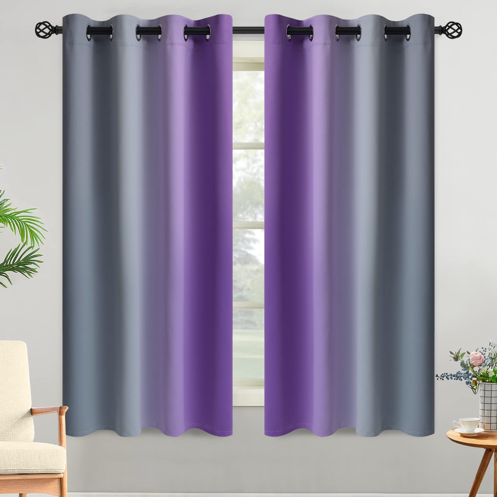 Yakamok Blue and Greyish White Ombre Curtains, Room Darkening Gradient Color Curtains for Bedroom, Light Blocking Thermal Insulated Window Drapes for Living Room(2 Panels, 52x84 Inch)