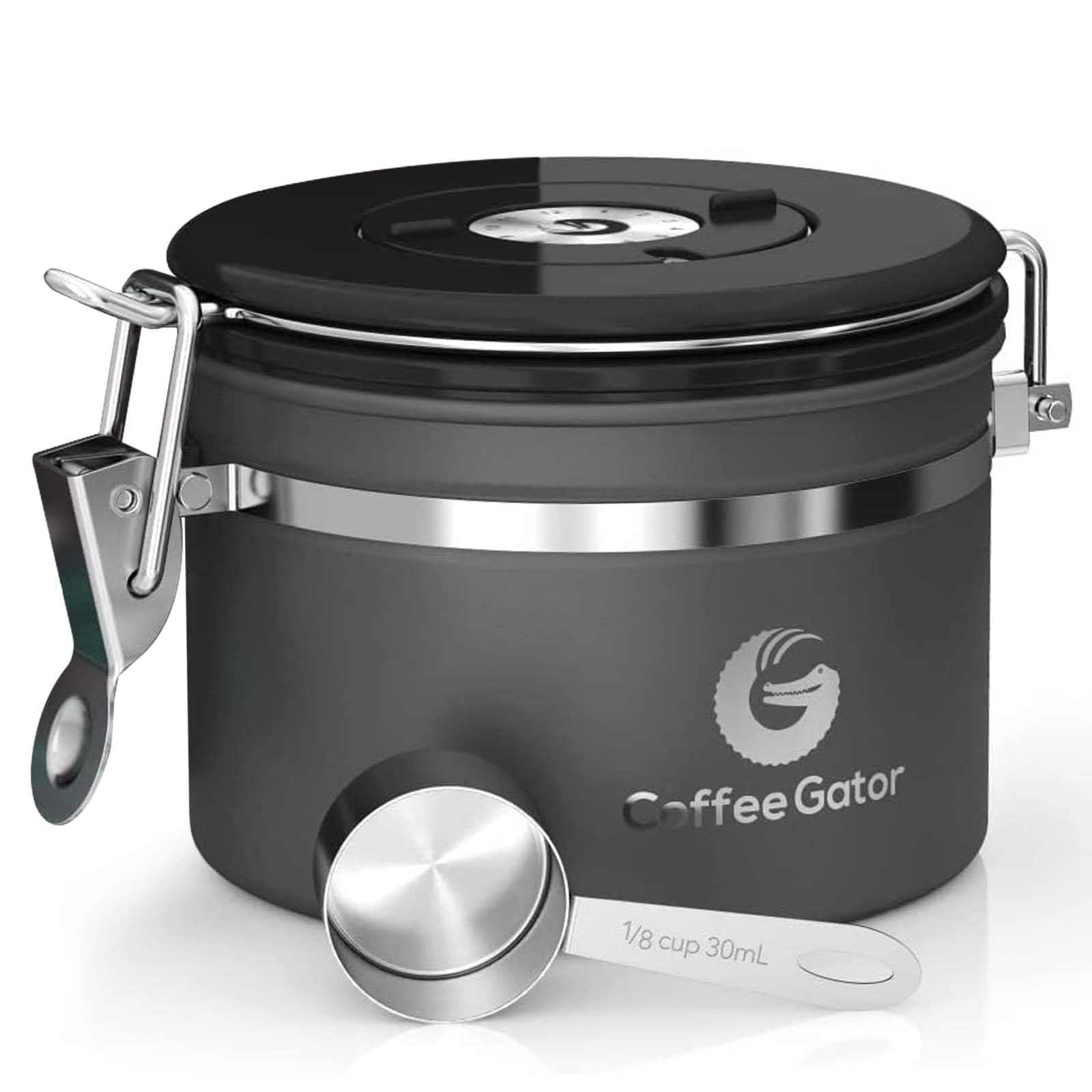 Coffee Gator Stainless Steel Canister - Medium 16oz, Gray Coffee Grounds and Beans Container with Date-Tracker, CO2-Release Valve, and Measuring Scoop - Ideal Coffee Lovers Gifts