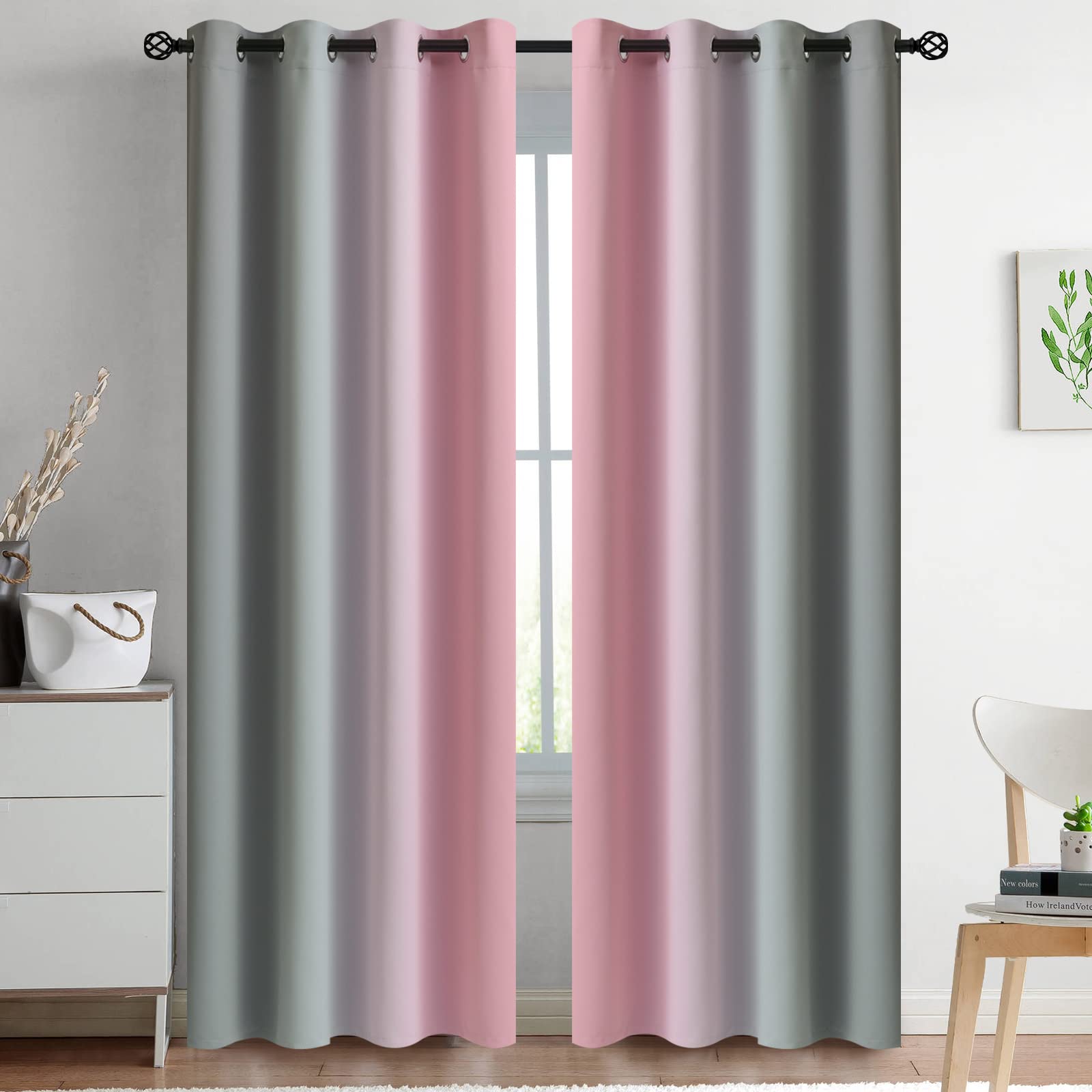 Yakamok Blue and Greyish White Ombre Curtains, Room Darkening Gradient Color Curtains for Bedroom, Light Blocking Thermal Insulated Window Drapes for Living Room(2 Panels, 52x84 Inch)