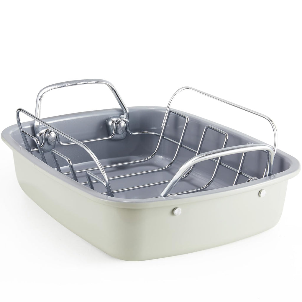 KITESSENSU Large Roasting Pan with Rack - 25 LB Nonstick Turkey Roaster Pan for Oven - Heavy Duty Carbon Steel Roasting Pan with Wider Handles for Chicken, Vegetables & Holiday Meals, Cream
