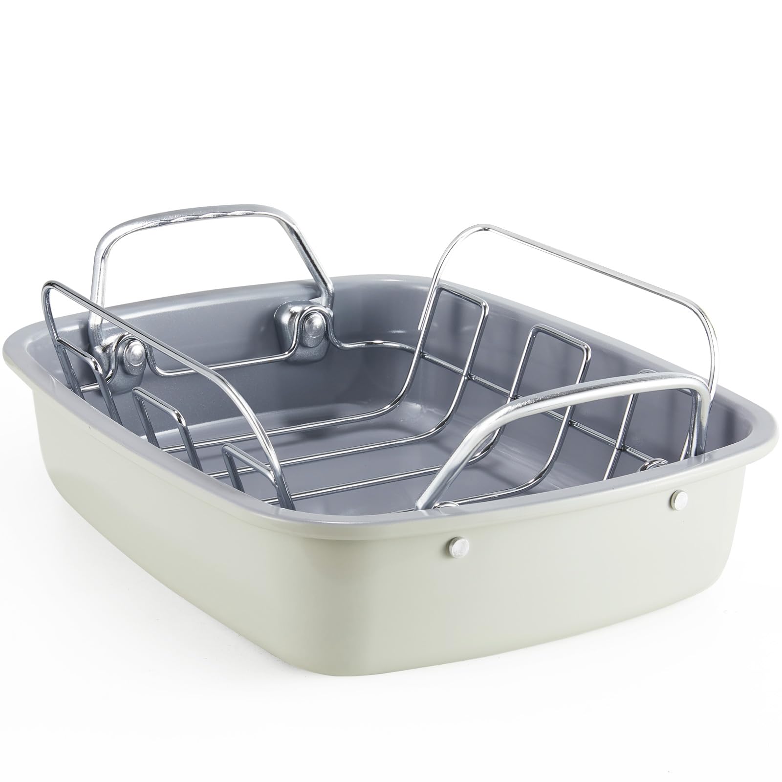 KITESSENSU Large Roasting Pan with Rack - 25 LB Nonstick Turkey Roaster Pan for Oven - Heavy Duty Carbon Steel Roasting Pan with Wider Handles for Chicken, Vegetables & Holiday Meals, Cream