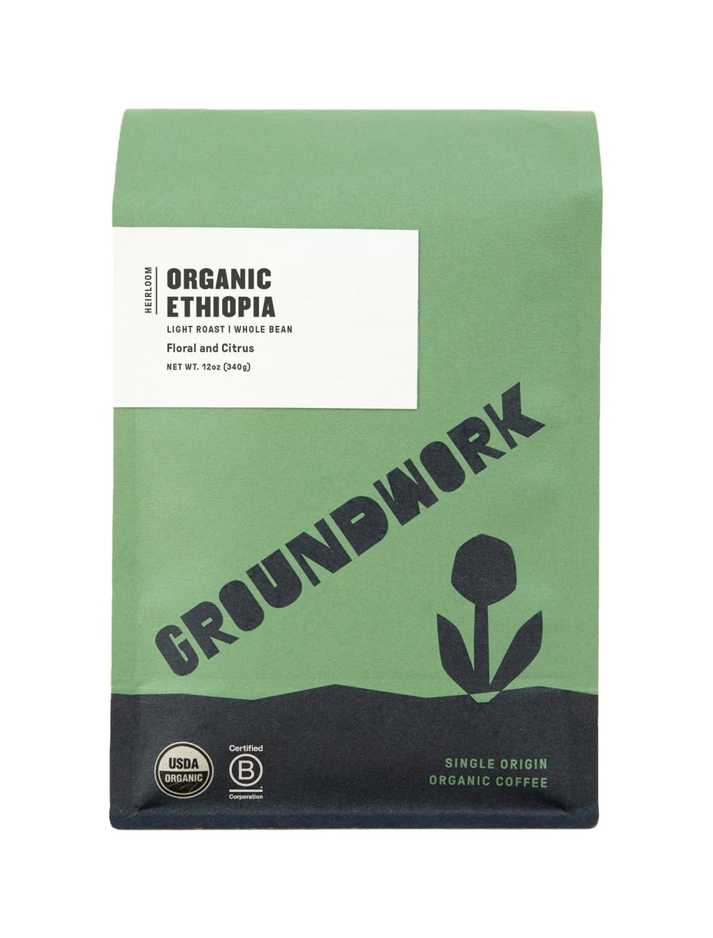 GROUNDWORK Ethiopia Heirloom Blend - Whole Bean Coffee Light Roast - USDA Organic Single Origin Coffee - 12oz (Pack of 1)