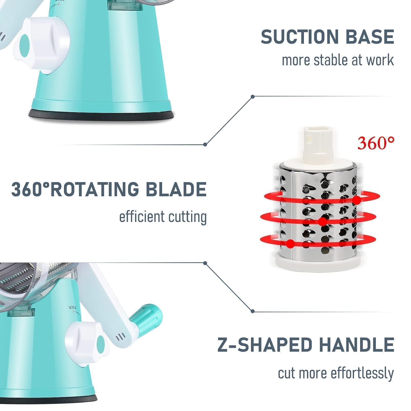 KEOUKE Rotary Cheese Grater Hand Crank Light Blue - Shredder Slicer Grinder 3 Stainless Steel Blades, Stable Suction, Labor-Saving Handle, Safe Kitchen Tool for Cheese, Vegetable, Nuts, Chocolate