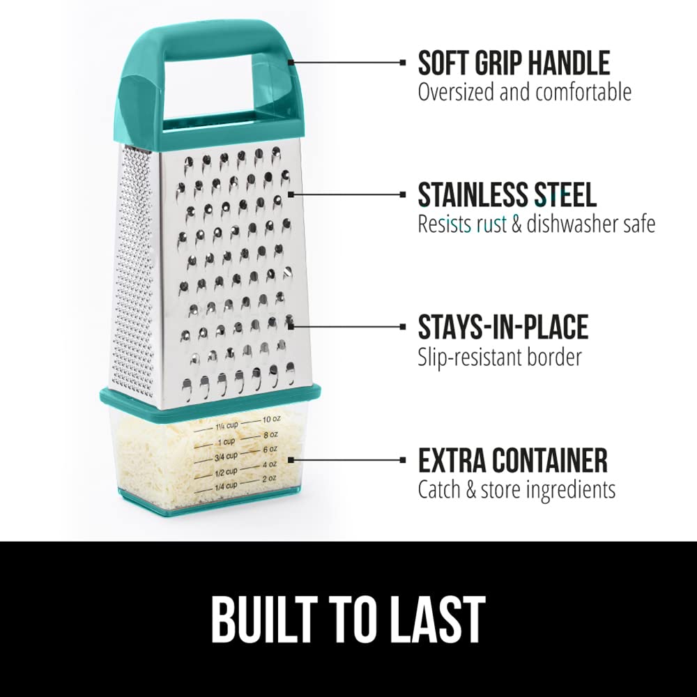 GORILLA GRIP 4-Sided Stainless Steel Cheese Grater With Container, 100% BPA-Free Box Grater, Slip Resistant Base and Handle, Grate Parmesan, Hard Cheeses, Shred Vegetables, Dishwasher Safe, Black