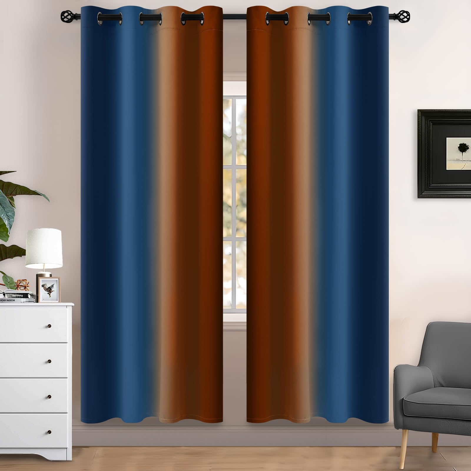 Yakamok Blue and Greyish White Ombre Curtains, Room Darkening Gradient Color Curtains for Bedroom, Light Blocking Thermal Insulated Window Drapes for Living Room(2 Panels, 52x84 Inch)