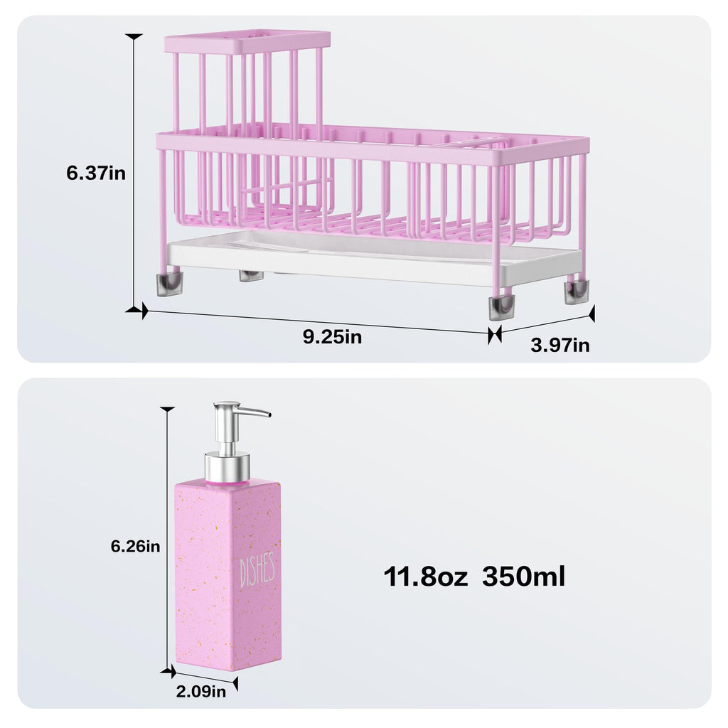 Cisily Juego de dispensador de jabón de cocina con organizador para fregadero, botella de vidrio de 12 onzas, dispensador de jabón para manos y platos con soporte para esponja, accesorios organizadores de fregadero de cocina de acero inoxidable negro