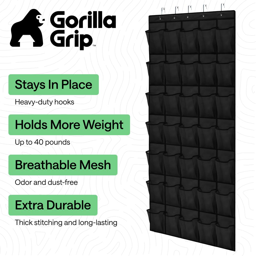 GORILLA GRIP Over the Door Shoe Organizer, 24 Large Breathable Mesh Pockets, Space Saving Hanging Storage Holder, Closet Rack Hanger Holds Up to 40 lbs, Hangs on Closets for Shoes, Accessories, Black