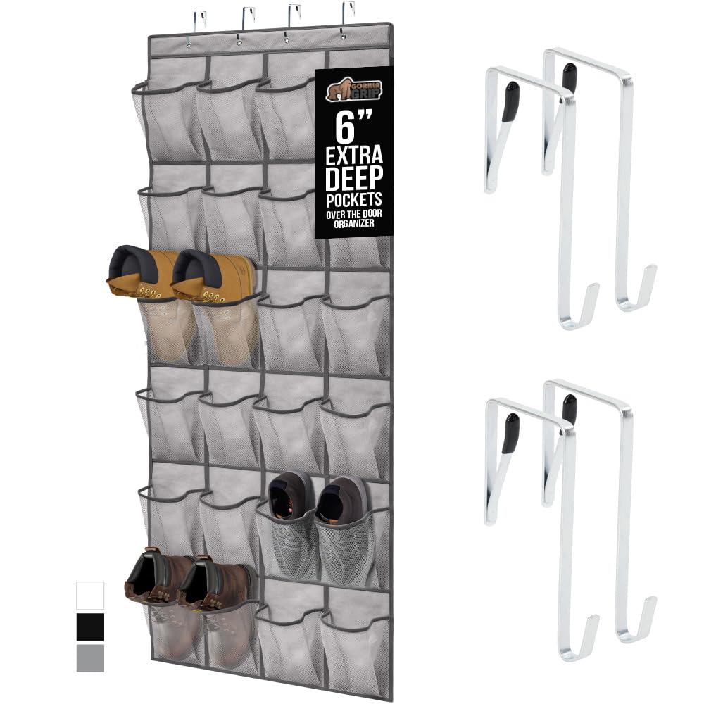 GORILLA GRIP Over the Door Shoe Organizer, 24 Large Breathable Mesh Pockets, Space Saving Hanging Storage Holder, Closet Rack Hanger Holds Up to 40 lbs, Hangs on Closets for Shoes, Accessories, Black