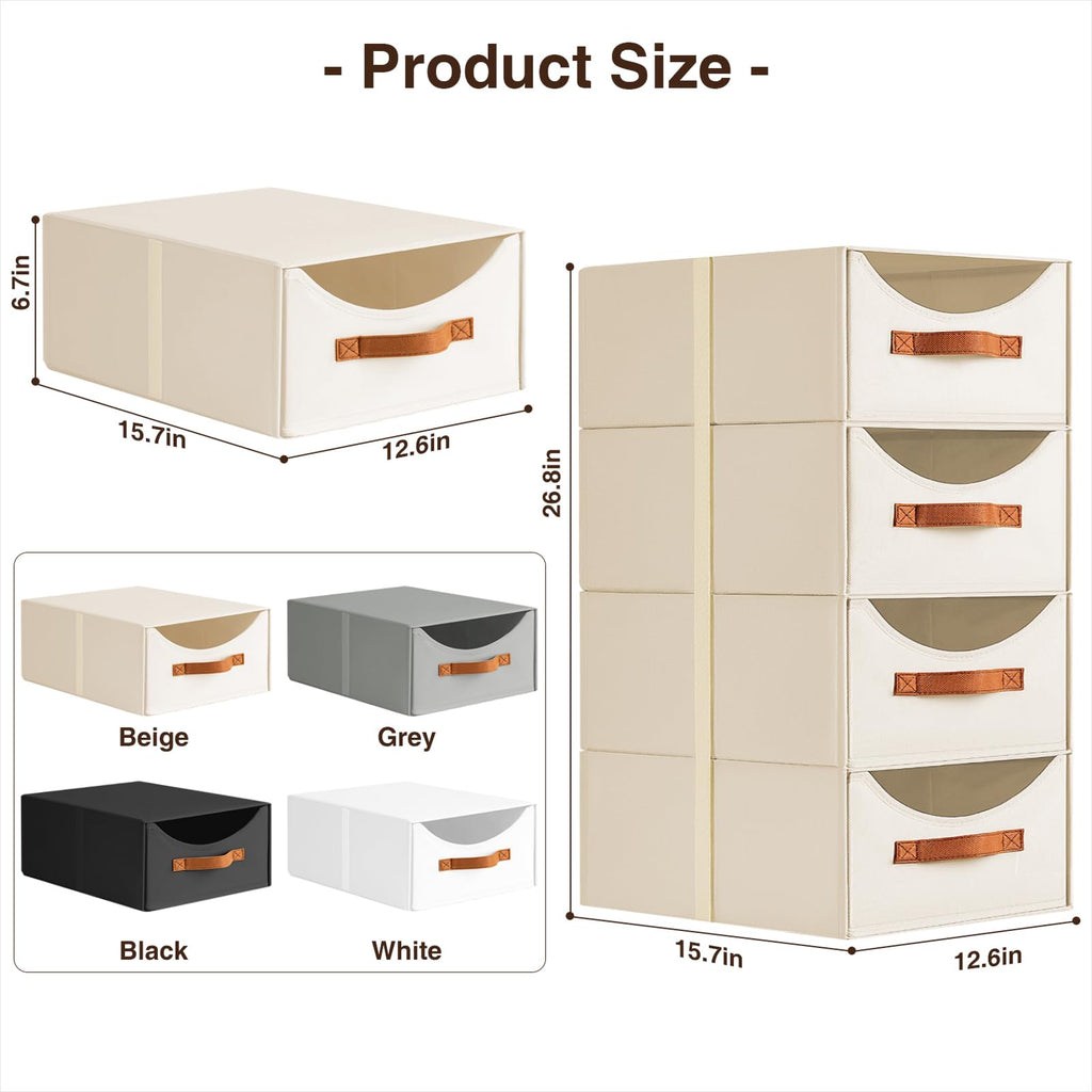 Homsorout Stackable Storage Drawers - Collapsible Storage Bins with Drawers, 4 Pack Closet Shelf Organizer Basket, Fabric Pull Out Organizer for Bedroom, Living Room, Dorm, Beige