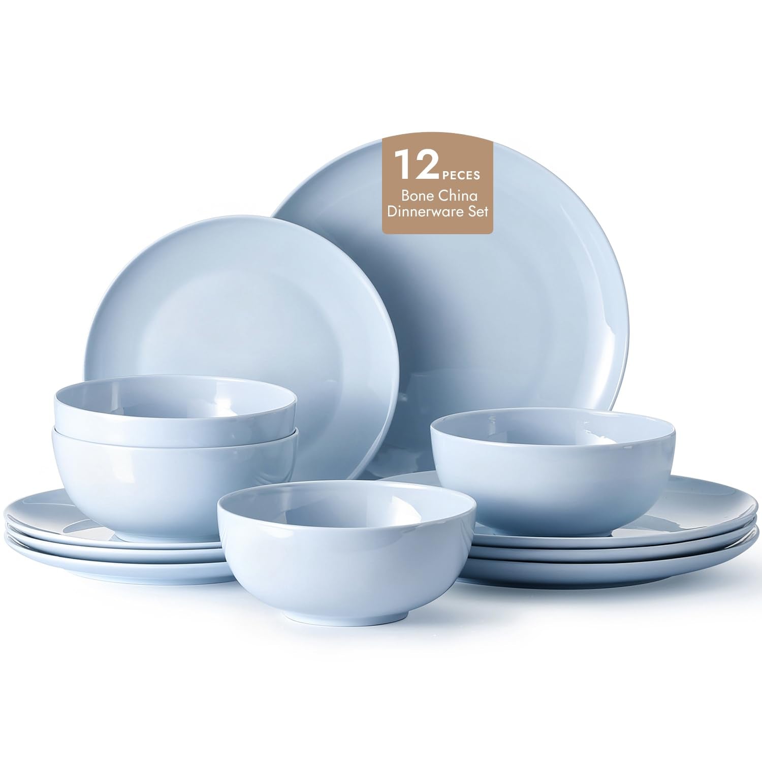 KINGSTONE 12-Piece Bone China Dinnerware Set for 4, Lightweight and Durable, Microwave and Dishwasher Safe, White Plates and Bowls for Everyday Use