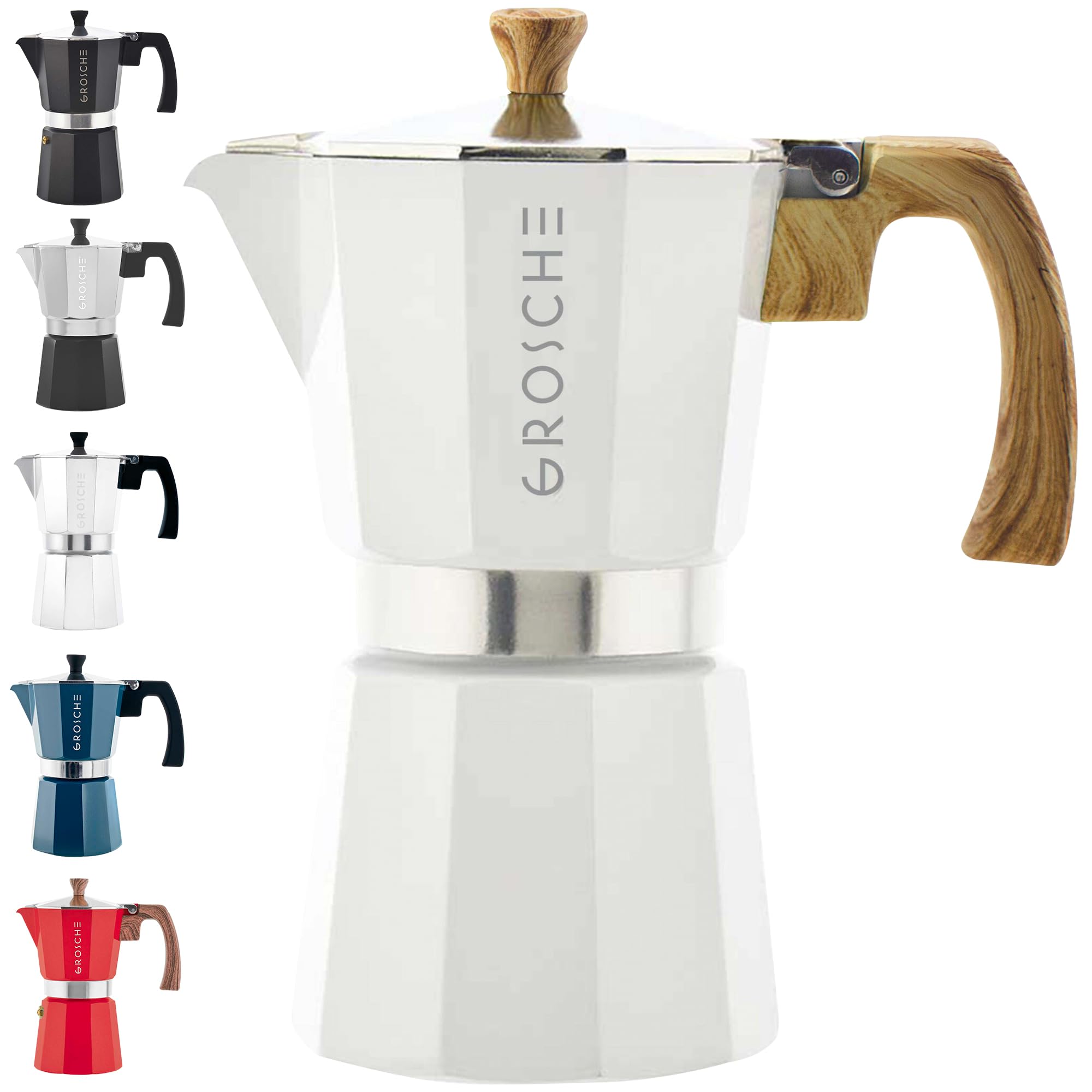 GROSCHE Milano Moka pot, Stovetop Espresso maker, Greca Coffee Maker, Stovetop coffee maker and espresso maker percolator (Grey, 6 cup)