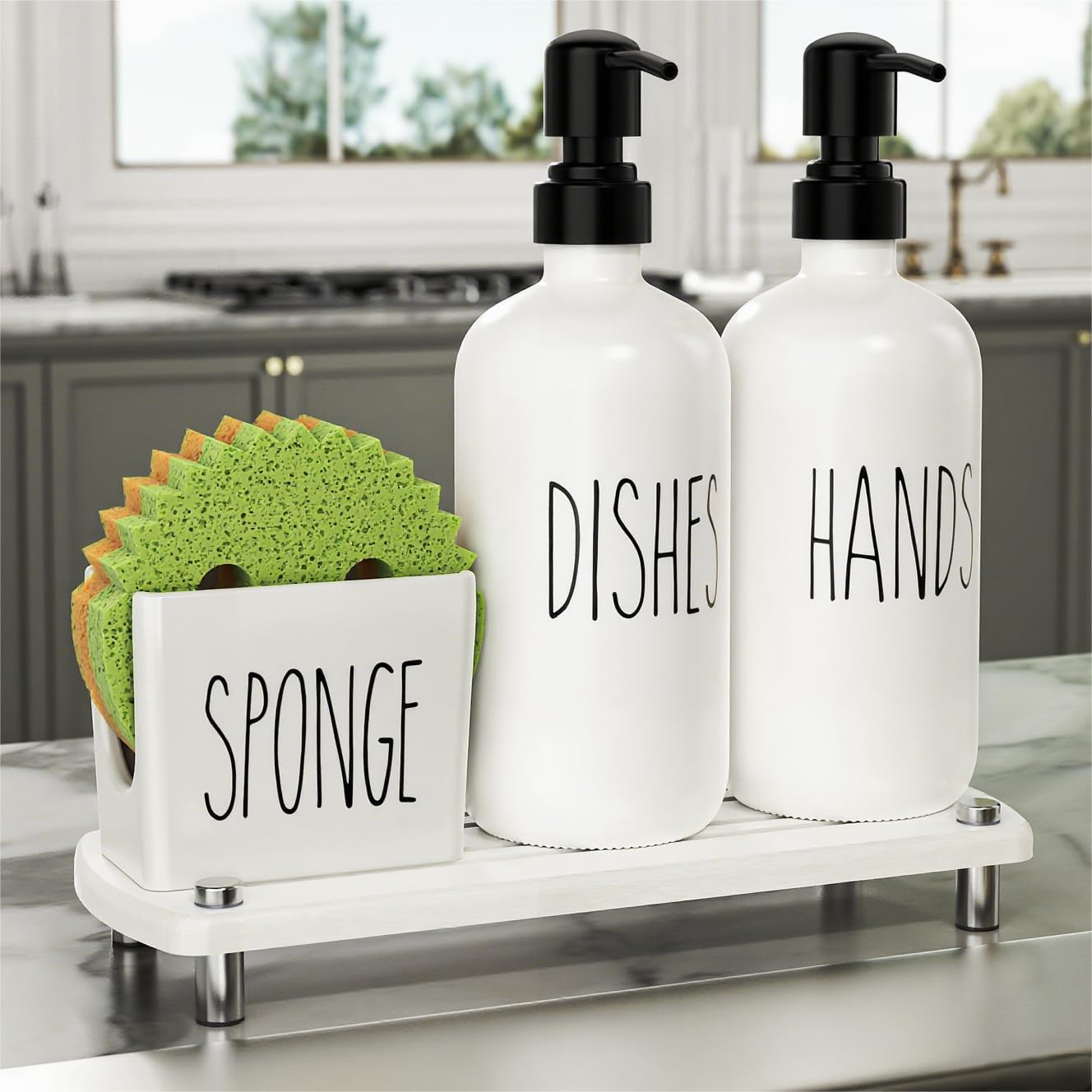 Cisily Kitchen Soap Dispenser Set Comes with Ceramics Sponge Holder, Gold Pumps, and Instant Dry Tray, Hand and Dish Soap Dispenser Set (4, Gold + White + Sponge Holder)