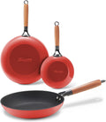 KITESSENSU Enameled Cast Iron Skillets - Non Stick Frying Pans Set with Durable Wooden Handle - 8&10&12 Inch Cast Iron Pans for Multi-Cooking - Pre Seasoned Cookware Set - Gradual Burgundy Red