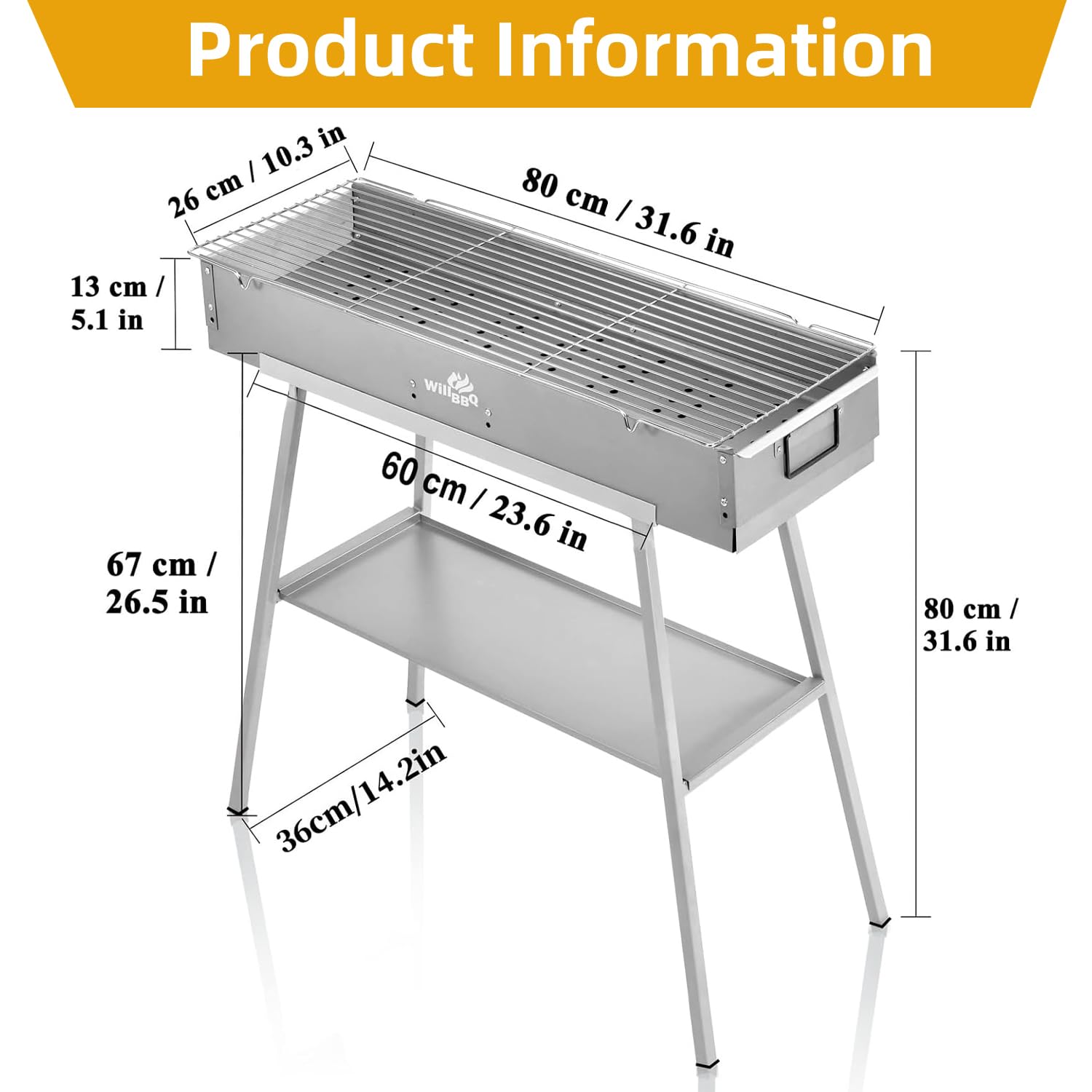 WILLBBQ Charcoal Grill Tailgate Parties, Patio, Beach Barbecues, Backyard Gatherings,Alloy Steel BBQ Barbecue Outdoor Grilling with Durable Support Frame and Dual Adjustable Vents (31.6x7.1x5.1 inch)