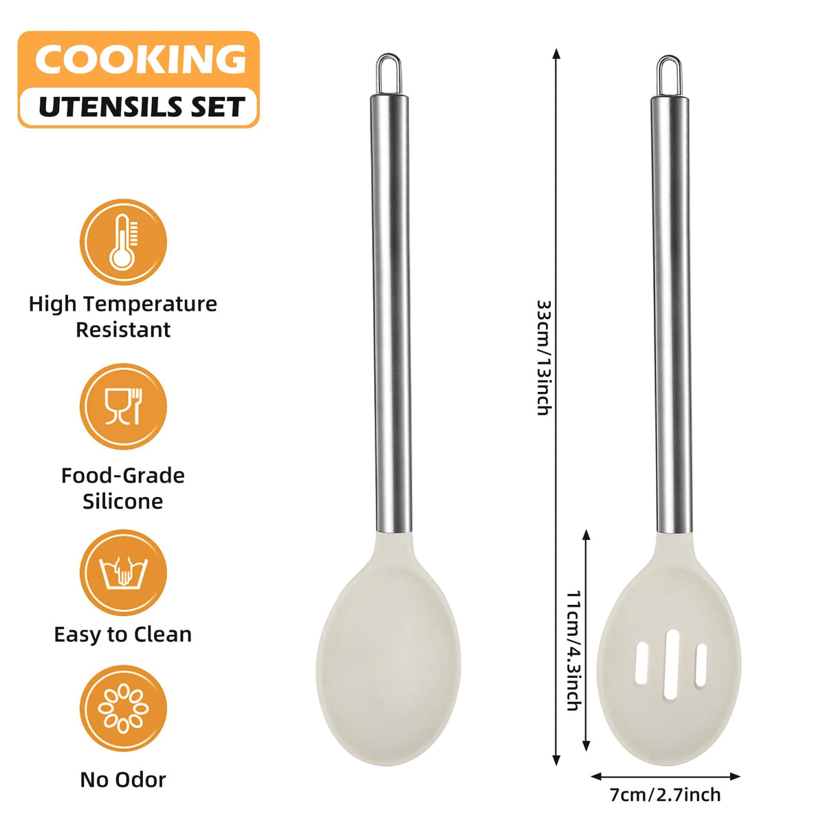 MANJIA Silicone Slotted and Solid Cooking Spoons Set, 2 Piece, Khaki
