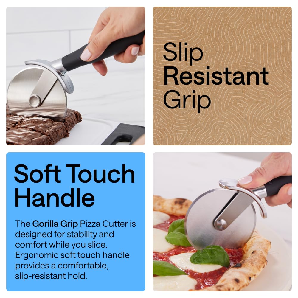 GORILLA GRIP BPA-Free Large Pizza Cutter Wheel, 9 Inch, Sharp Stainless Steel Blade, Slip Resistant Handle with Thumb Guard Protection, Slice Thick or Thin Pizzas, Pie, Pastries in Seconds, Black