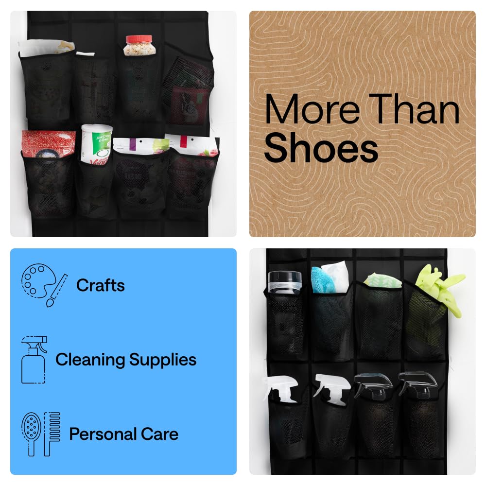 GORILLA GRIP Over the Door Shoe Organizer, 24 Large Breathable Mesh Pockets, Space Saving Hanging Storage Holder, Closet Rack Hanger Holds Up to 40 lbs, Hangs on Closets for Shoes, Accessories, Black