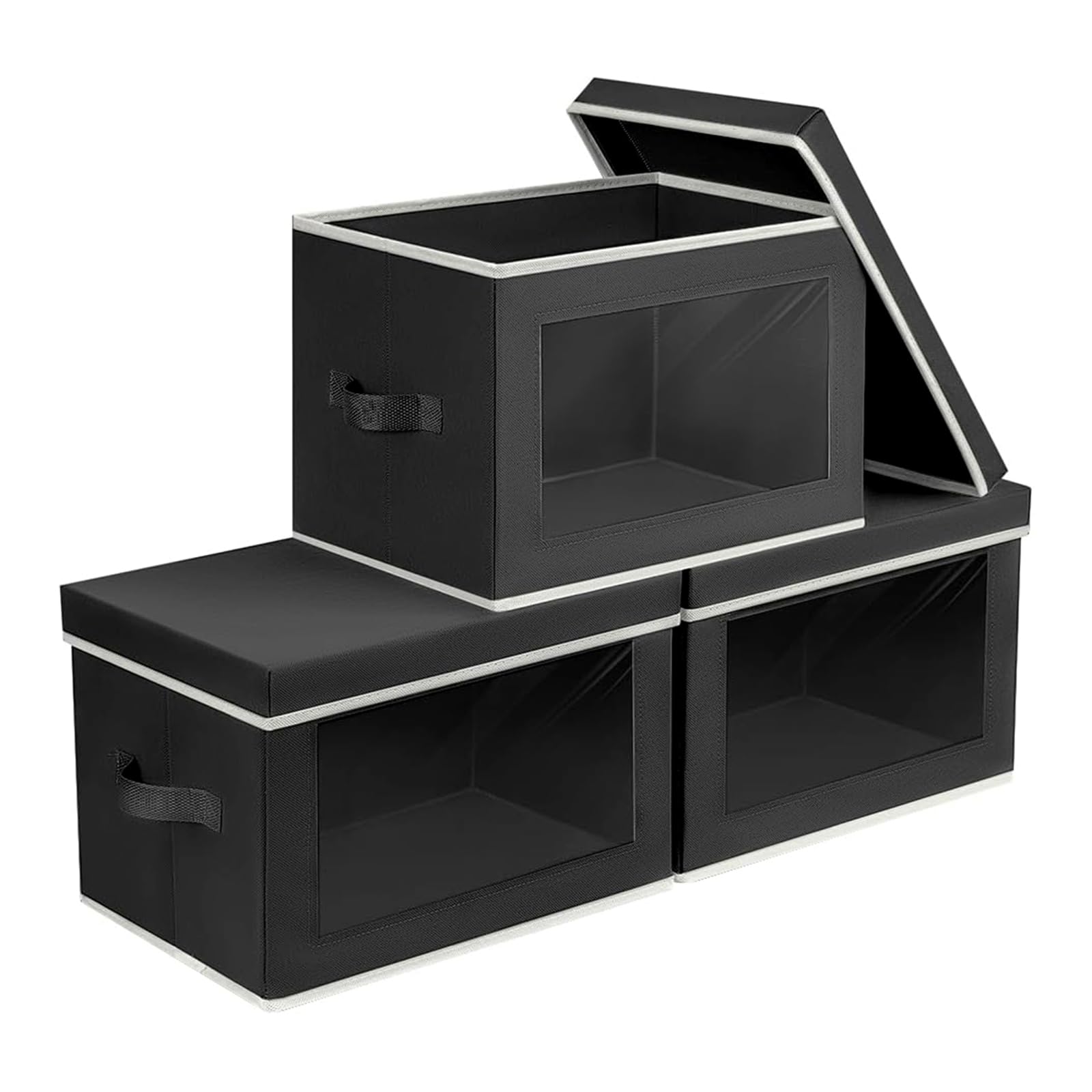 Homsorout Storage Bins with Lids - Fabric Storage Boxe with Window, Collapsible Closet Organizers with Handles, 3 Pack Decorative Bin, Home Cubes Baskets for Clothes, Hat, Books, Dark Grey