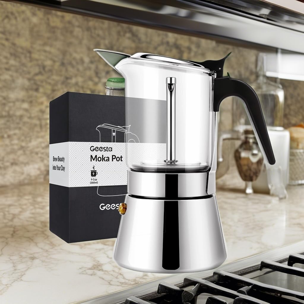 Geesta Premium Crystal Glass-Top Stovetop Espresso Moka Pot - 4/6/ 9 Cups - Stainless Steel Coffee Maker- 240ml/8.5oz/6 cup (espresso cup=40ml)